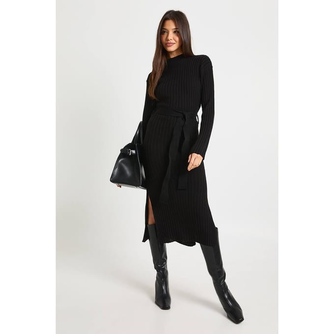 boohoo Dames Rib Knit Tie Waist Midaxi Jurk | Black | Maat: Medium