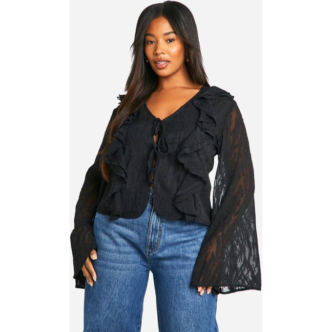 boohoo Dames Plus Burnout Dierlijke Tie Front Ruffle Blouse | Black | Maat: 26