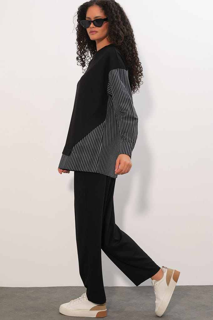 Gestreepte Lange Crew Neck Twee-Delige Coördineer Set
