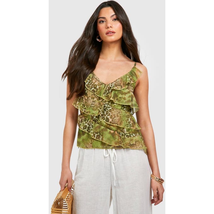 boohoo Dames Snake Printed Ruffle Chiffon Cami | Groente | Maat: 38