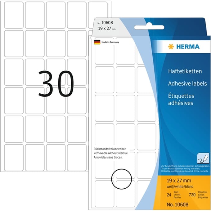 Etiket HERMA 10608 19x27mm verwijderbaar wit 720 stuks