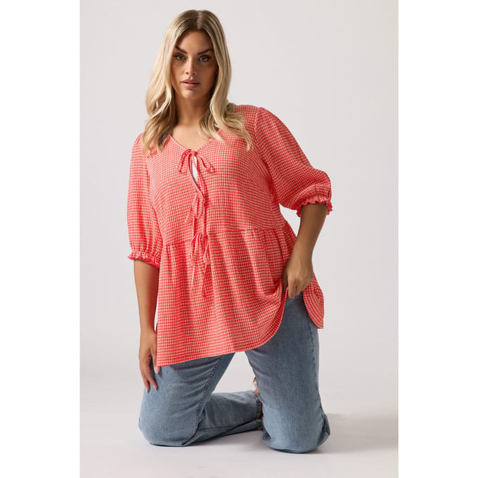 Yours Peplum Top Met Gingham Print En Striksluitingen In Rood Size 42