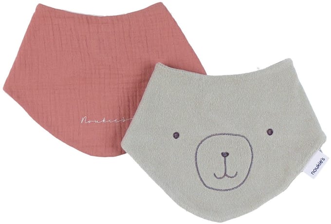 Noukie's F&O Slabbetjes - 2 Stuks - Badstof/Mousseline - Rood/Kaki