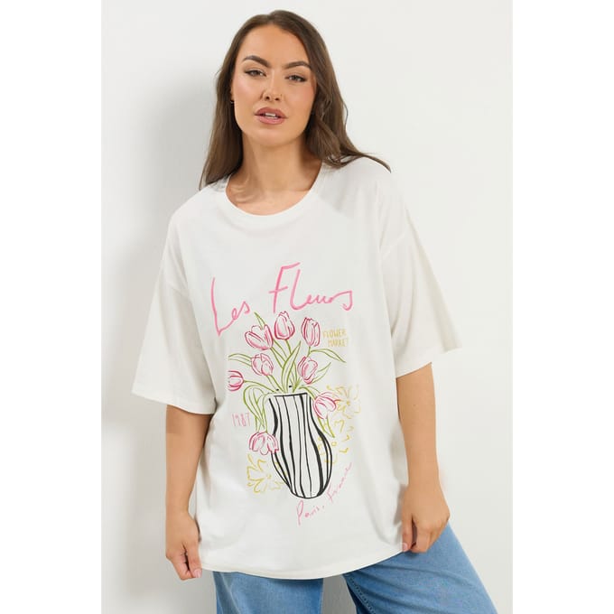 Yours Ivoorwit 'Les Fleurs' Geborduurd Relaxed Tshirt Size 42