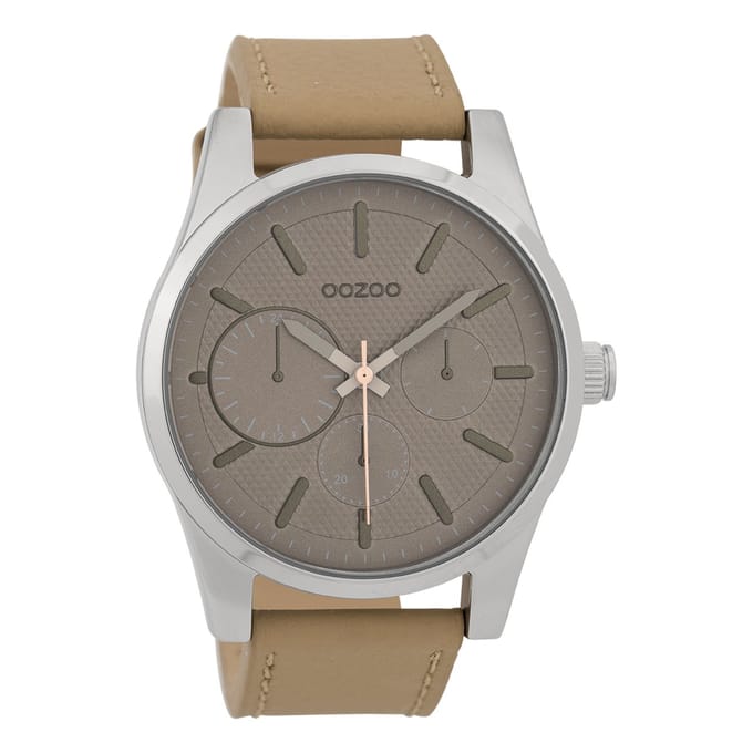 OOZOO Timepieces - Zilverkleurige horloge met camel leren band - C9615
