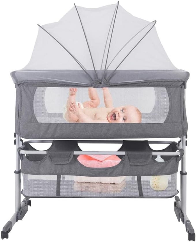 In hoogte verstelbaar Babybed en Co-sleeper met Opbergmand - Draagbaar Kinderbedje