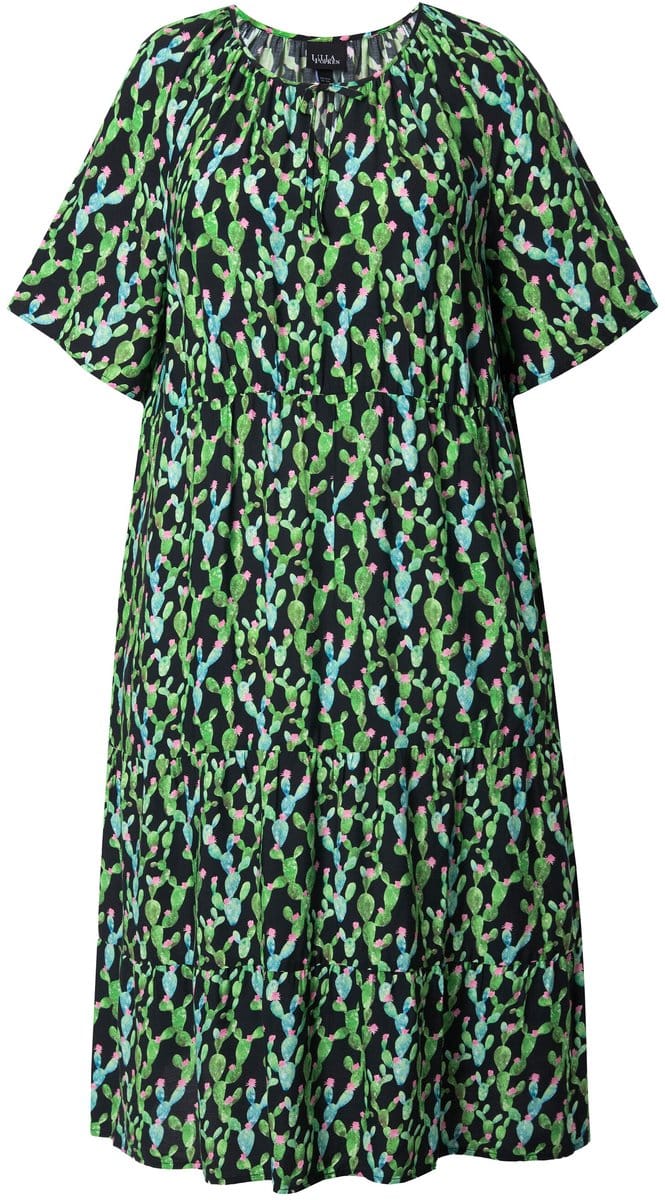 Ulla Popken - Dames - Midi-jurk A-lijn tuniekhals korte mouw - Zwart - Maat 46+