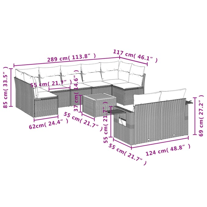 vidaXL - 10-delige - Loungeset - met - kussens - poly - rattan - gemengd - beige