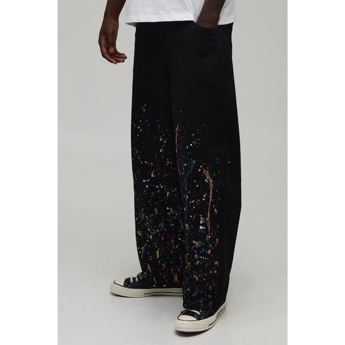 Barrel-pijp Broek Met Gebogen Naad En Verfspetters | Black | Size Medium