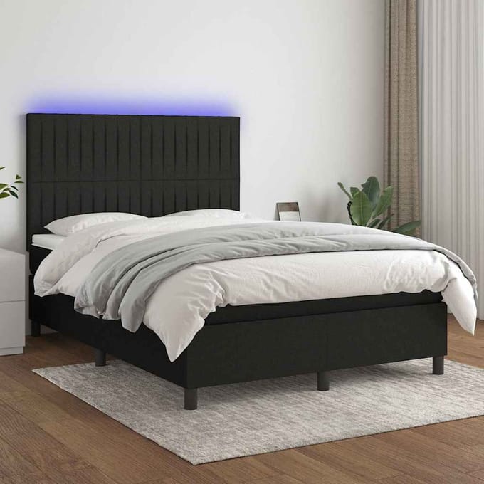 vidaXL - Boxspring - met - matras - en - LED - stof - zwart - 140x190 - cm