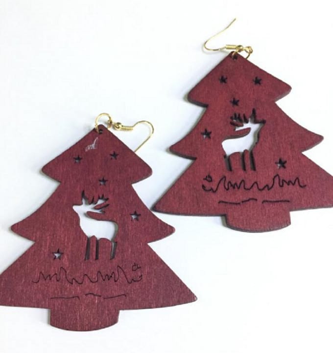 Rode Kerstboom Oorbellen hout