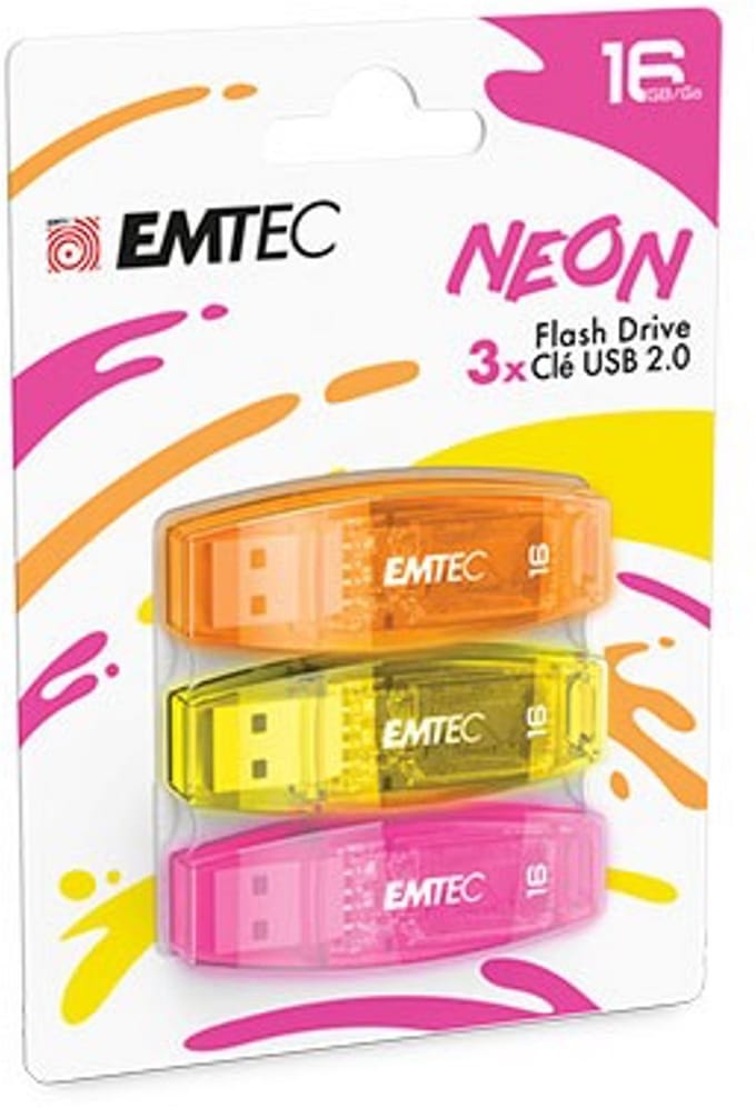 Emtec II Neon C410 Flash Drive - 16 GB - USB 2.0 - Neon kleuren - USB Stick - Beschermdopje - 3-Pack