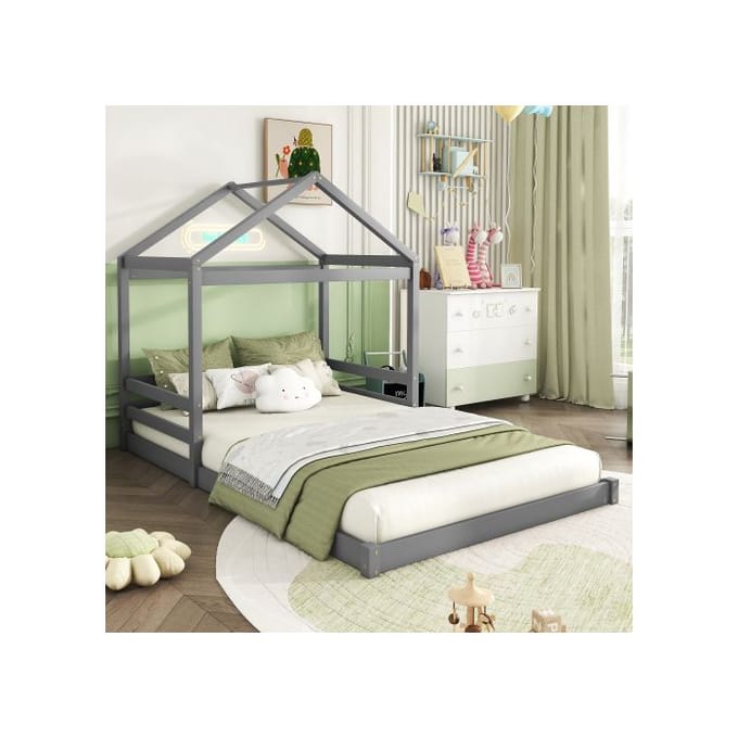 Kinderbed - MUVOE - 140 x 200 cm - Massief hout - Huisvormig ontwerp - Grijs grijs