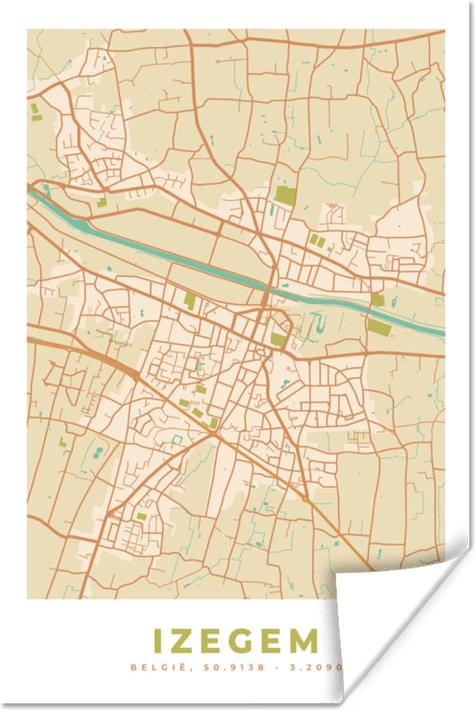 Poster Plattegrond - Kaart - Stadskaart - Izegem - Vintage - 40x60 cm