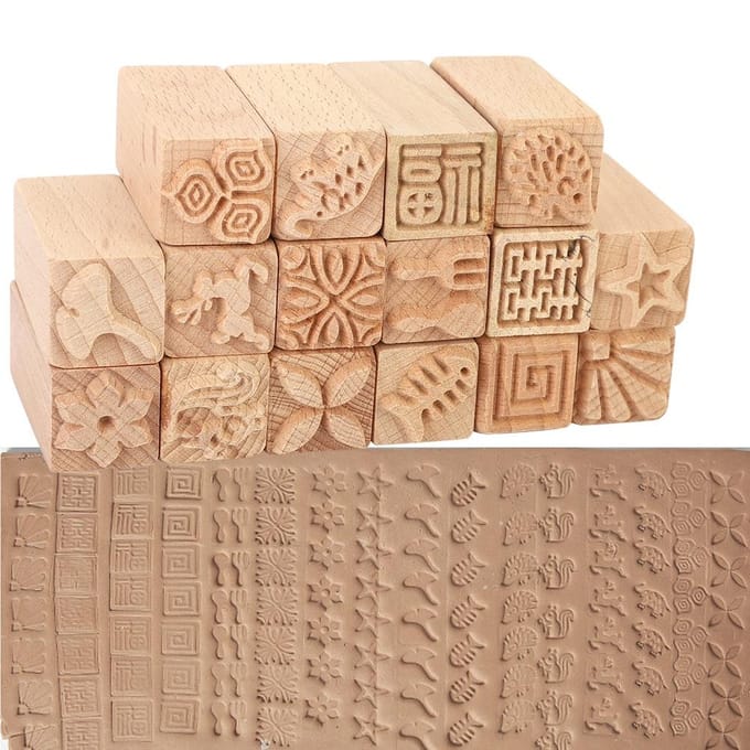 16 Stuks Handgesneden Stempels Beukenhout DIY Klei Aardewerk Drukvormen Gereedschap Knutselaccessoires white