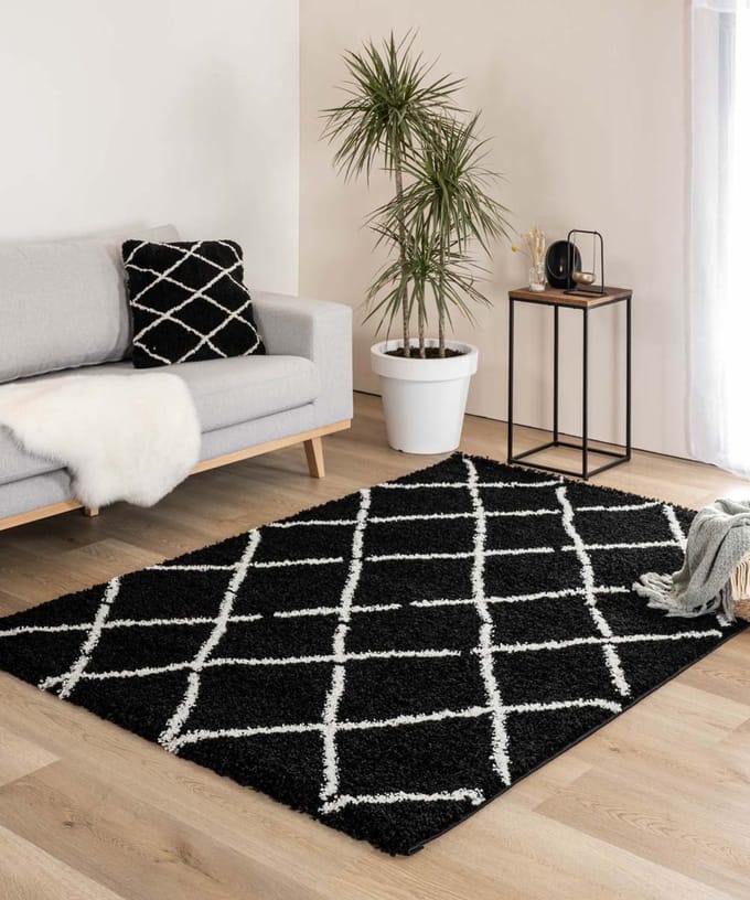 Hoogpolige loper ruiten Artisan - zwart/wit 80x200