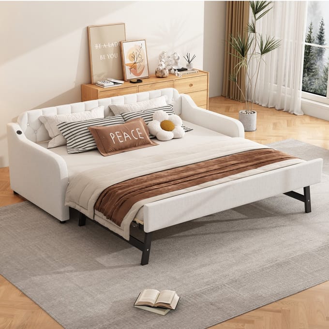 90*200 cm slaapbank - dagbed - met uitschuifbaar rolbed - USB-aansluiting - beige