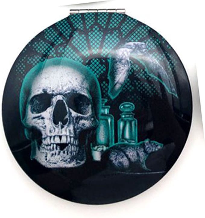Spiegeltje Make-Up Compact Klep - Gothica Skull Nocturne Groen Front - 6.5x6.5x1cm