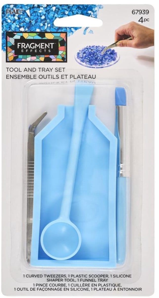 Plaid knutselset gereedschap en tray voor glas chips en creatieve projecten.