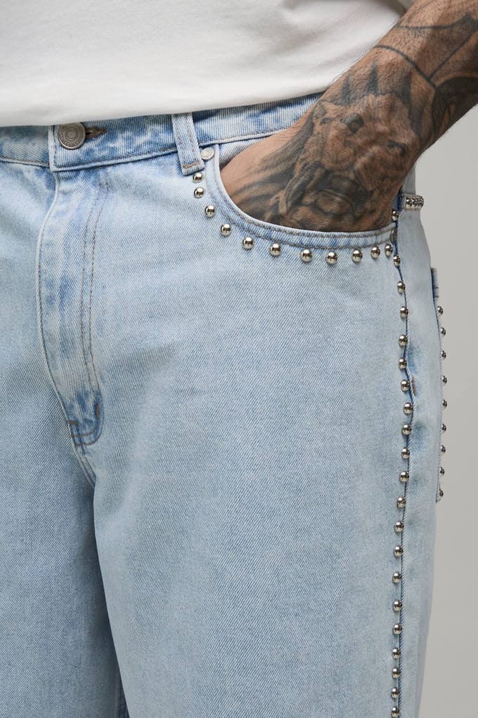 Lange Jeans Shorts Met Studs Voor Lange Mannen | Light Blue | Size 32