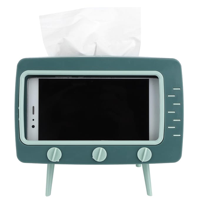 Retro Tissuebox Dispenser Desktop Papieropslag Houder TV Vorm met Mobiele Telefoon Houder gray