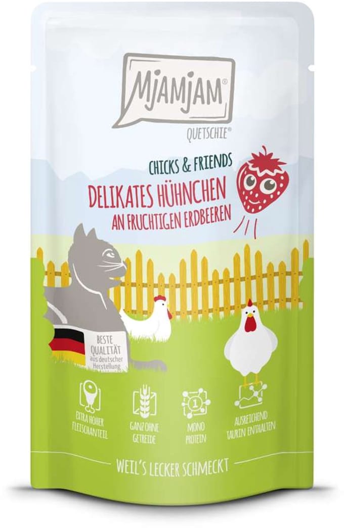 MjAMjAM Cat - Chicks+Friends 12x125g - Kip & Aardbeien