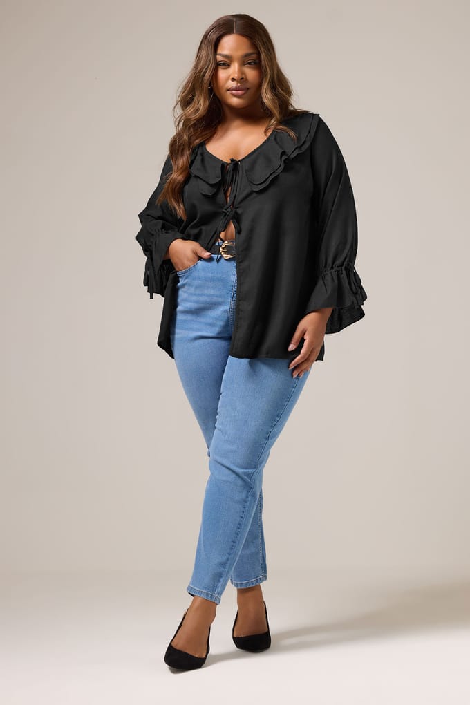 Yours Zwarte Blouse Met Ruches En Strik Aan De Voorkant Size 48