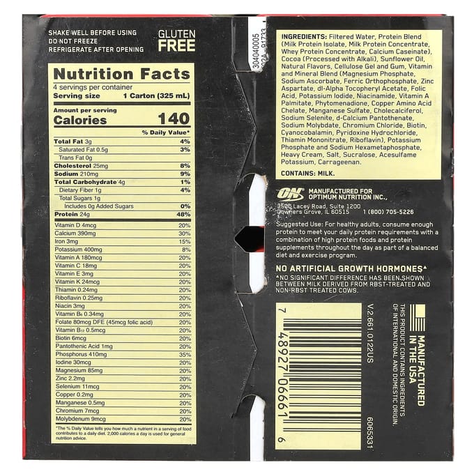 Optimum Nutrition, Gold Standard Eiwitshake, Chocolade, 4 Verpakkingen, 11 fl oz (325 ml) Elk