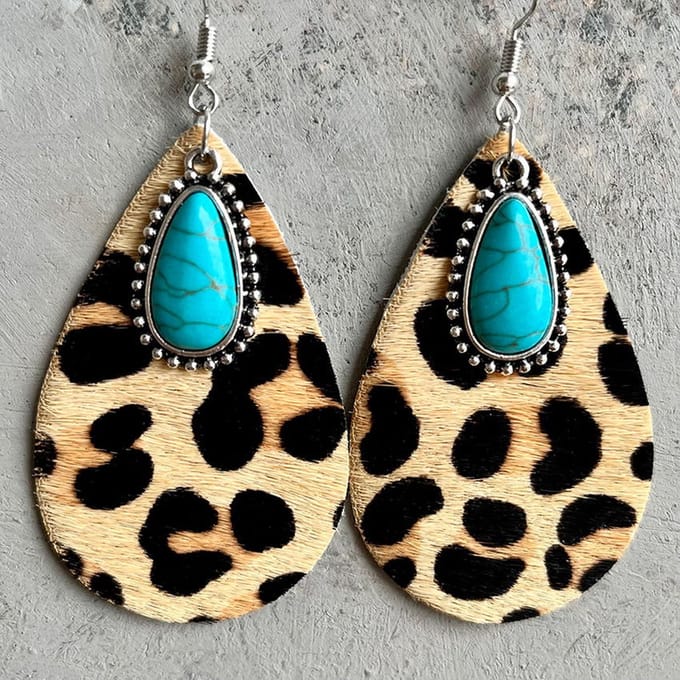 Jomide Oorhangers Vintage Turquoise - Luipaard Print - Echt Leer