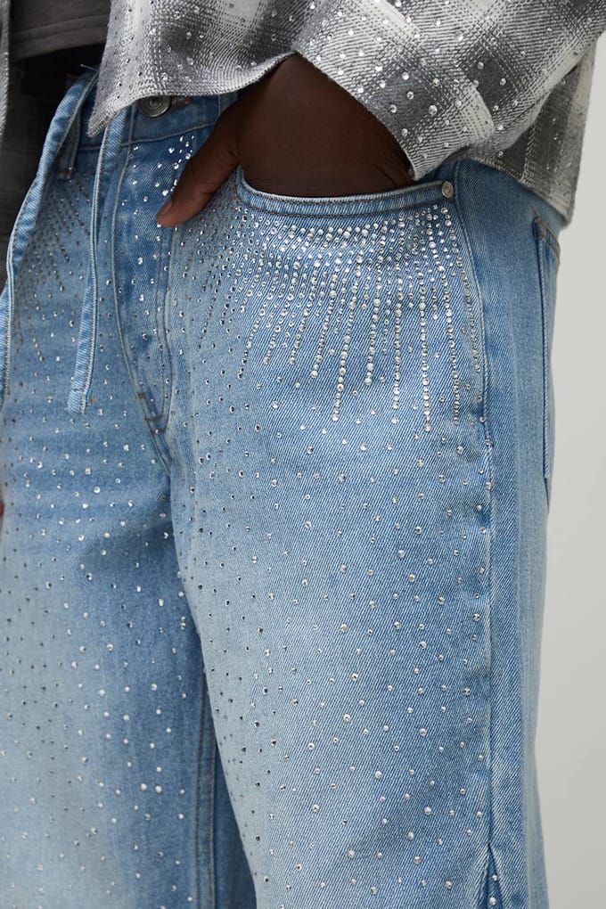 Rechte, uitlopende jeans met rhinestone-versieringen | Light Blue | Size 32R