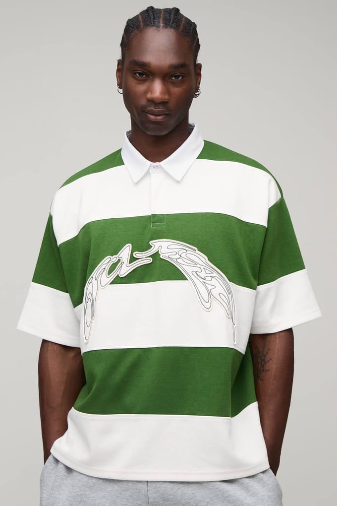 Lang Oversized Boxy Halfmouw Interlock Gestreept Appliqué Rugby Polo | Green | Size Medium