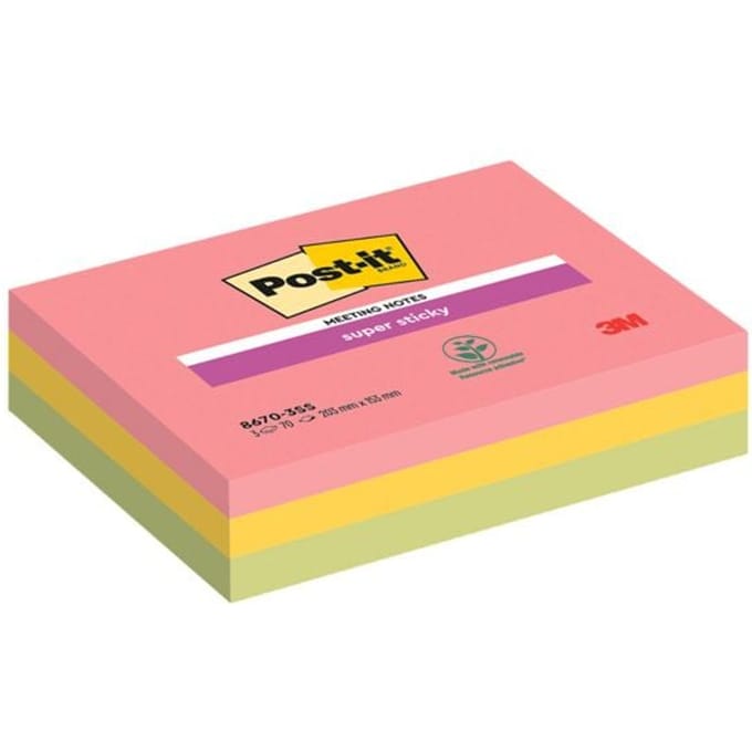 Post-it® Sticky Notes Super Sticky Meeting Notes 8670-3SS-EU, B 203 x D 153 mm, PEFC® papier, gekleurd, 3 pads, 70 vellen/pad
