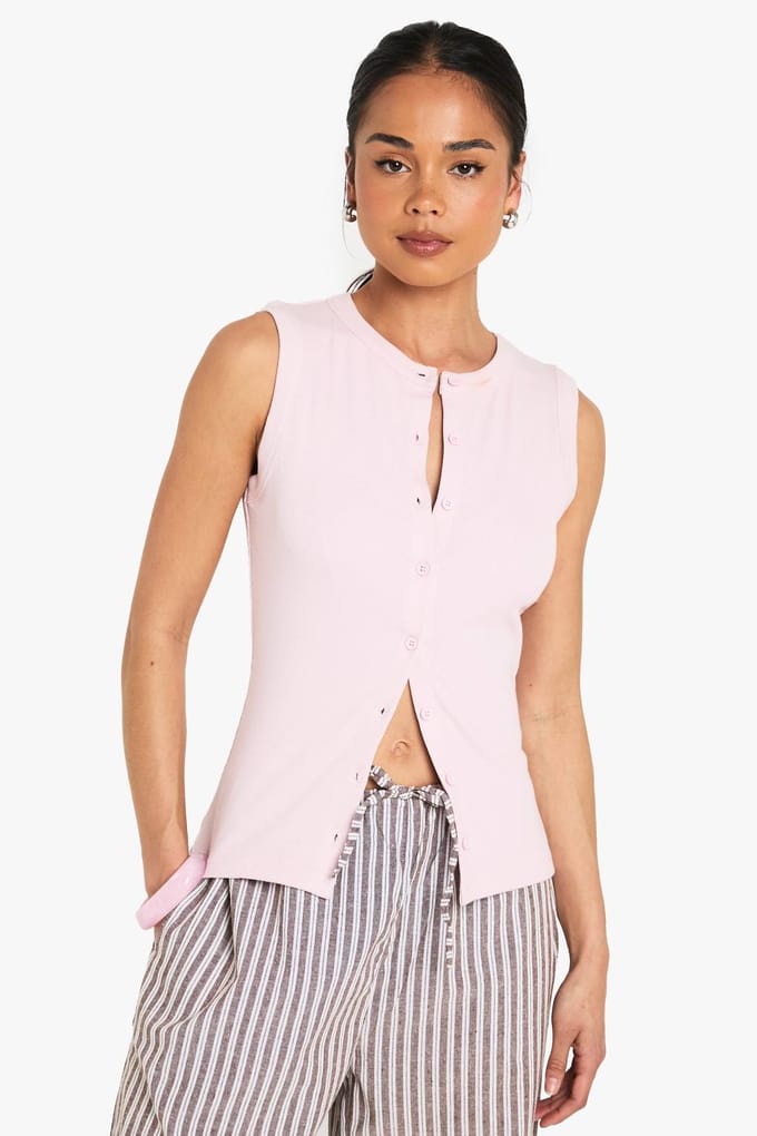boohoo Dames Geribbelde Top met Knoopsluiting en Lang Model | Roze | Maat: 38