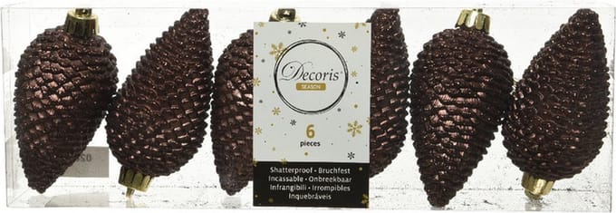 Decoris Kersthangers dennenappels - 6x st - donkerbruin - glitter - 8 cm - kunststof - kerstversiering