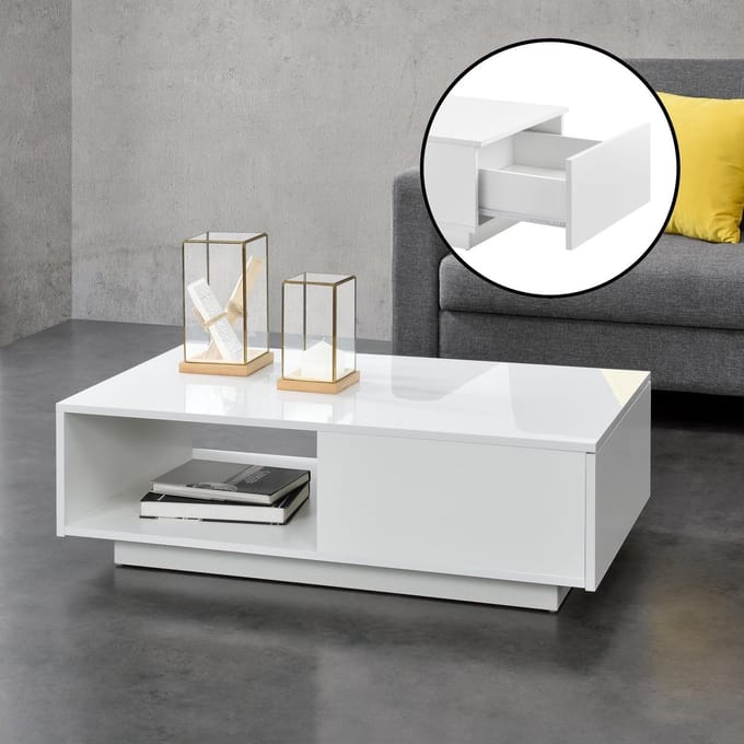 Salontafel Biskra met plank en lade 95x55x31 cm wit