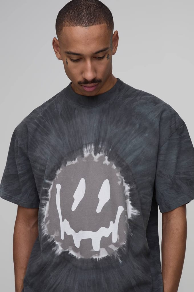 Oversized Tie Dye Smiley Face Print T-Shirt | Black | Size XS