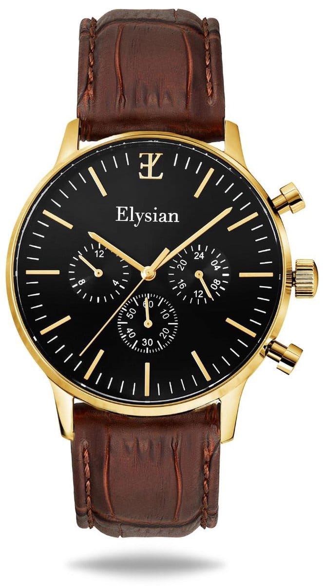 Elysian - Horloge Heren - Goud - Croco Leer - Waterdicht - Krasvrij Saffier - 43mm