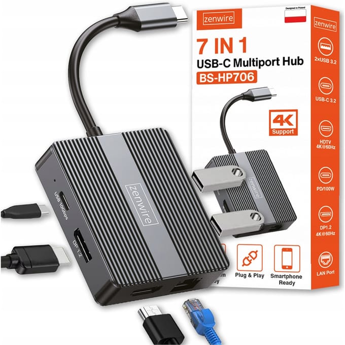 USB-C 7in1 USB 3.0 HDMI-adapter 4K 60Hz Displaypoort Gigabit RJ-45 1000M Zenwire BS-HP706