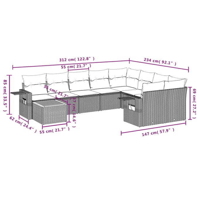 vidaXL - 10-delige - Loungeset - met - kussens - poly - rattan - gemengd - beige