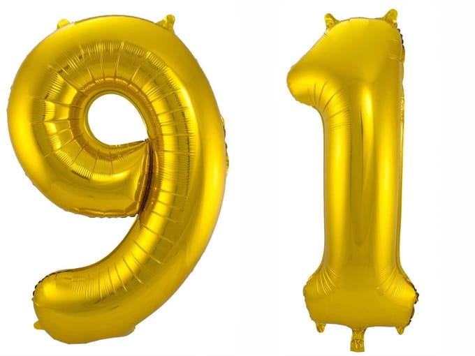 Folieballon 91 jaar - Goud - 86 cm