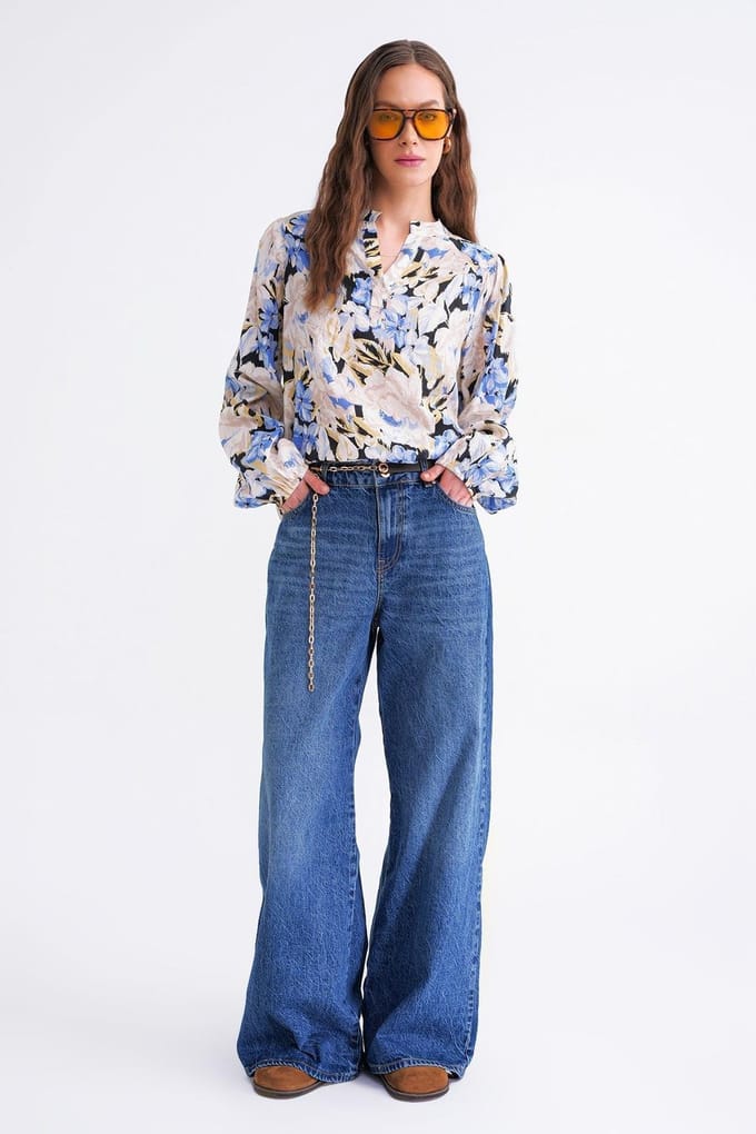 Bloemdruk Lange Mouw Mandarin Kraag Blouse