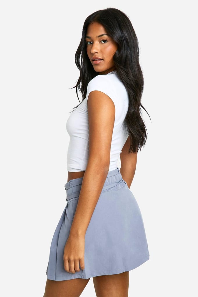 boohoo Dames Hoge geplooide minirok met gesp riem | Grijs | Maat: 36