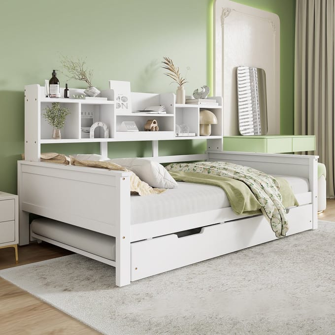 REDOM Bedframe 90x200 cm – Met uitschuifbed & opbergrek – Massief hout – Wit – Multifunctioneel