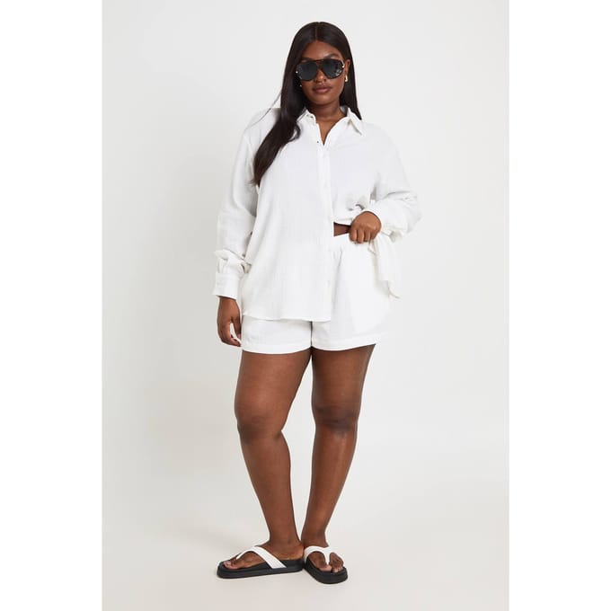 boohoo Dames Plus Strandsshort Met Elastische Tailleband | Wit | Maat: 56