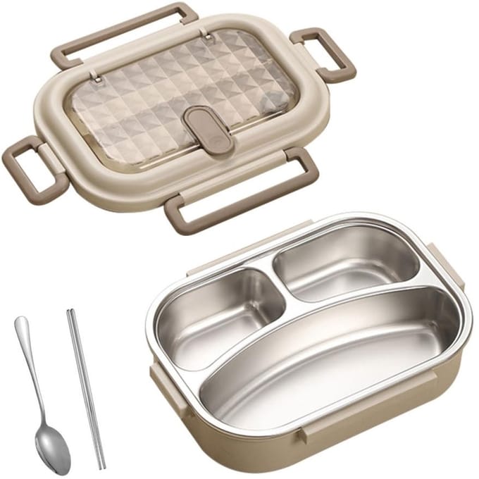 Dailygoods- Bento Box RVS - 3/4 Compartimenten - Afsluitbaar Deksel - Eetstokjes/Lepel - Water-verwarmbaar - Lekvrij - Lunchbox