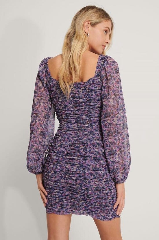 NA-KD - Maat EU 38 - Square Neck Gathered Chiffon Vrouwen Jurk - Blue Flower