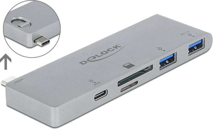 Delock 3 Port Hub and 2 Slot Card Reader for MacBook with PD 3.0 and retractable USB Type-C™ Connection