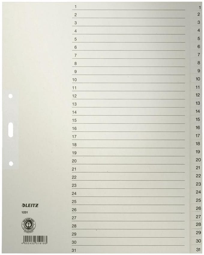 LEITZ tabbladen register A4 cijfers 1-20 grijs karton 20-delig