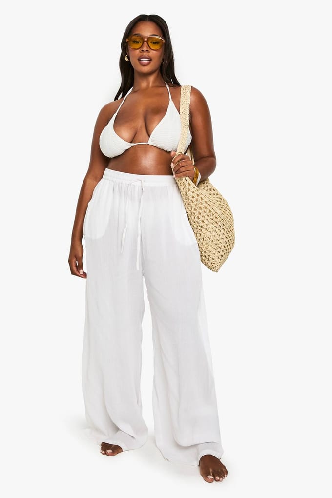 boohoo Dames Plus Strandkleding Essentials Wijde Broek | Wit | Maat: 44