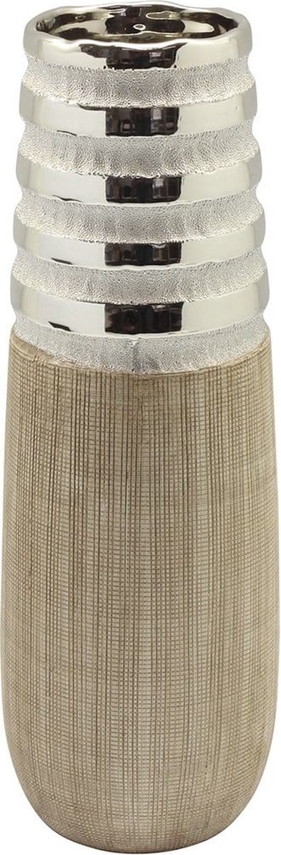 Gilde Newtown Keramische Vaas – Zilver met Houtlook – 31 cm – Decoratieve Woonvaas